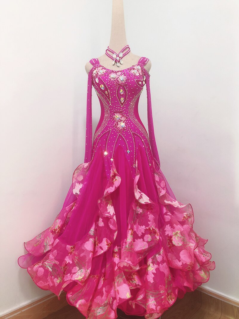 표준 볼룸 댄스 드레스 2022 새로운 고품질 무대 다크 핑크 왈츠 댄스 치마 여성 볼룸 대회 댄스 복장